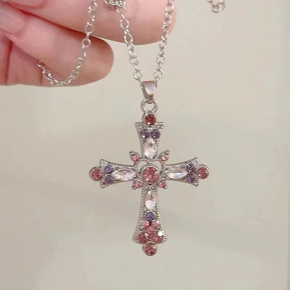 Women's rhinestone pendant pink and purple necklace